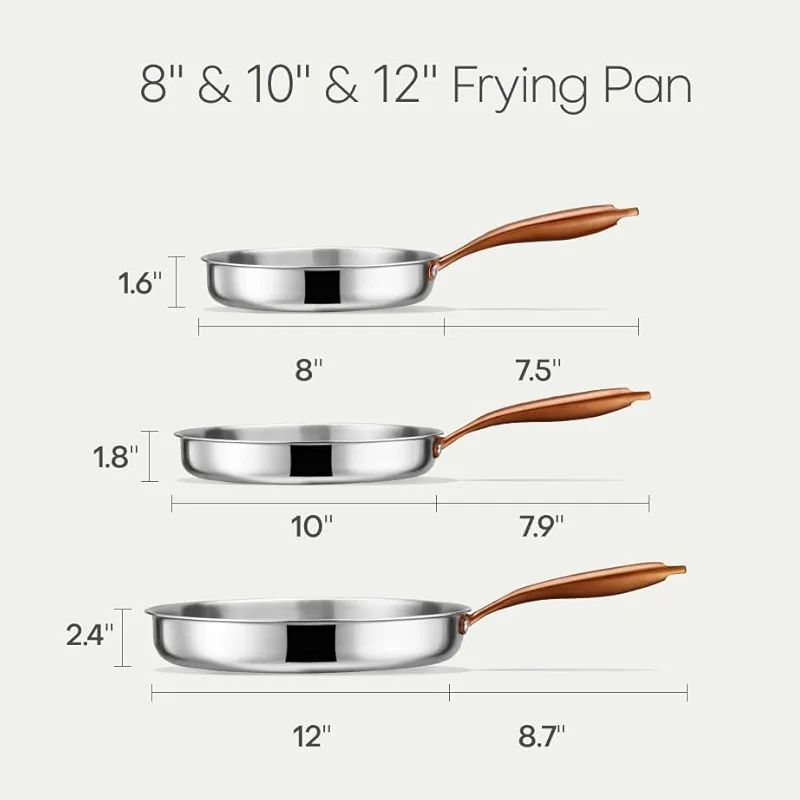CAROTE 3-Piece Tri-Ply Stainless Steel Frying Pan Set