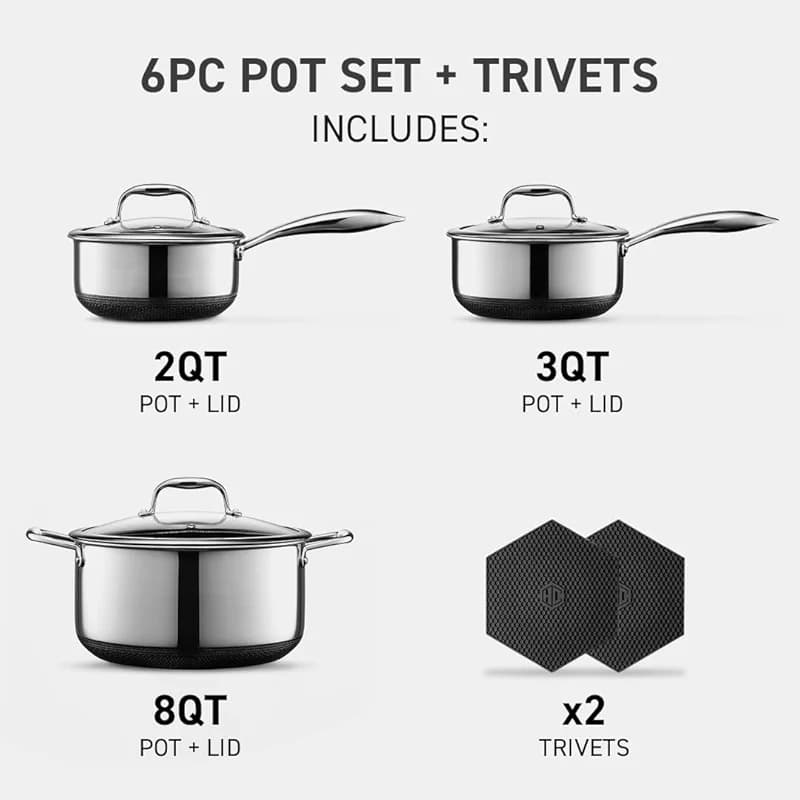 HexClad Hybrid Nonstick 6-Piece Pot Set with 2 Silicone Trivets — image 1