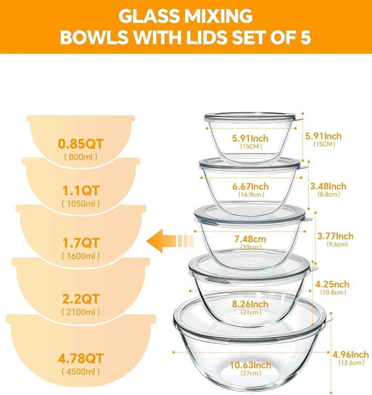 Glass Mixing Bowls with Lids Set of 5(4.78QT — image 2