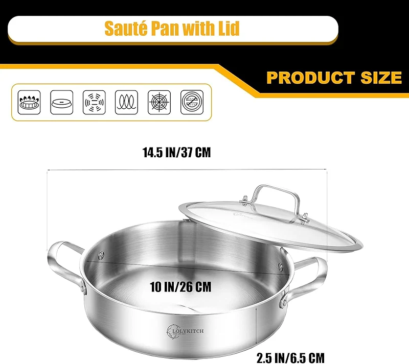 LOLYKITCH 3 Quarts Tri-Ply Stainless Steel Sauté Pan wih Lid