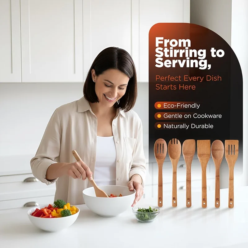 Riveira Dark Bamboo Wooden Spoons for Cooking 6-Piece