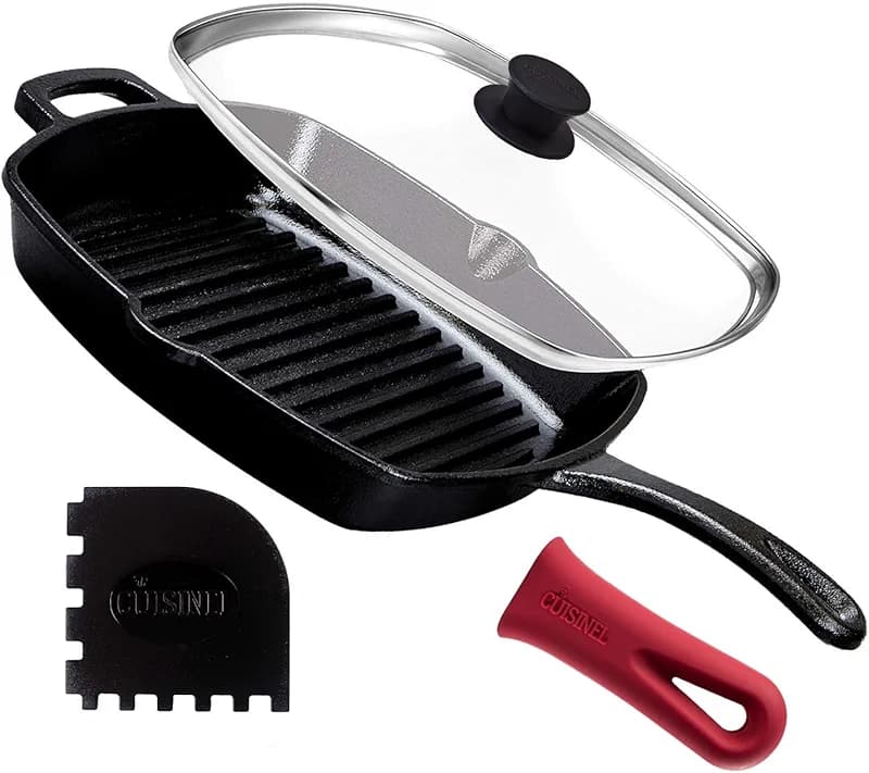 Cuisinel Cast Iron Square Grill Pan + Glass Lid + Pan Scraper + Handle — image 1