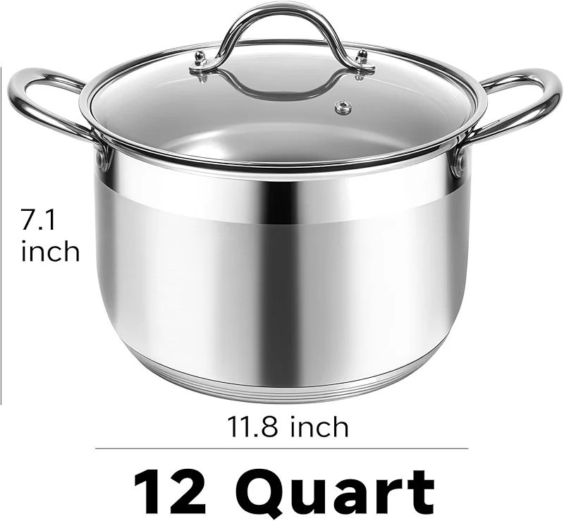 Kirecoo Stainless Steel Stock Pot - 12 Quart Heavy Duty Stock Cooking Pot