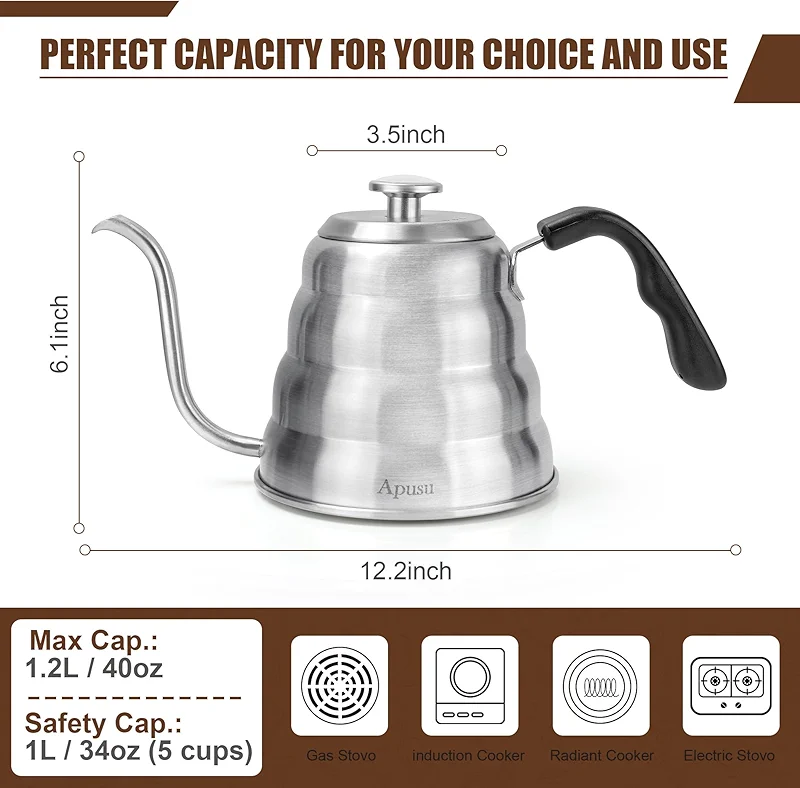 Gooseneck Kettle for Manual Drip Coffee & Tea 40oz Stainless Steel Pour — image 2