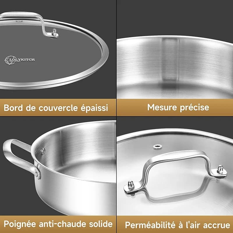 LOLYKITCH 3 Quarts Tri-Ply Stainless Steel Sauté Pan wih Lid — image 4