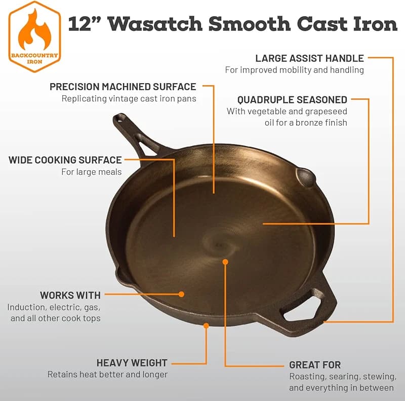 12 Inch Smooth Wasatch Pre-Seasoned Round Cast Iron Skillet