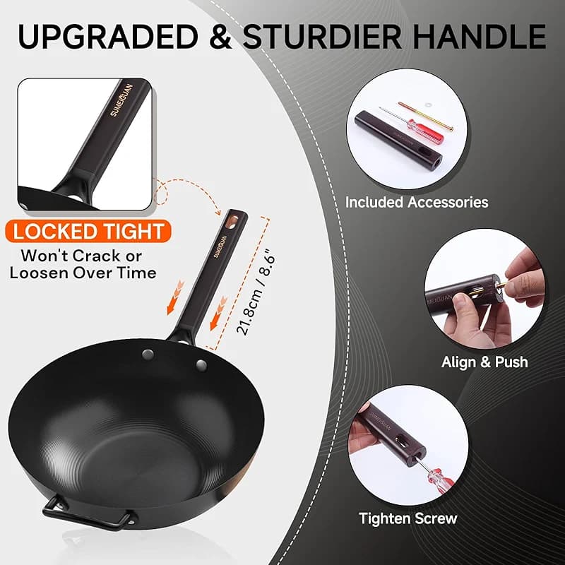13.5" Carbon Steel Wok Pan - Pre-Seasoned Flat Bottom Woks & Stir-fry Pans — image 4