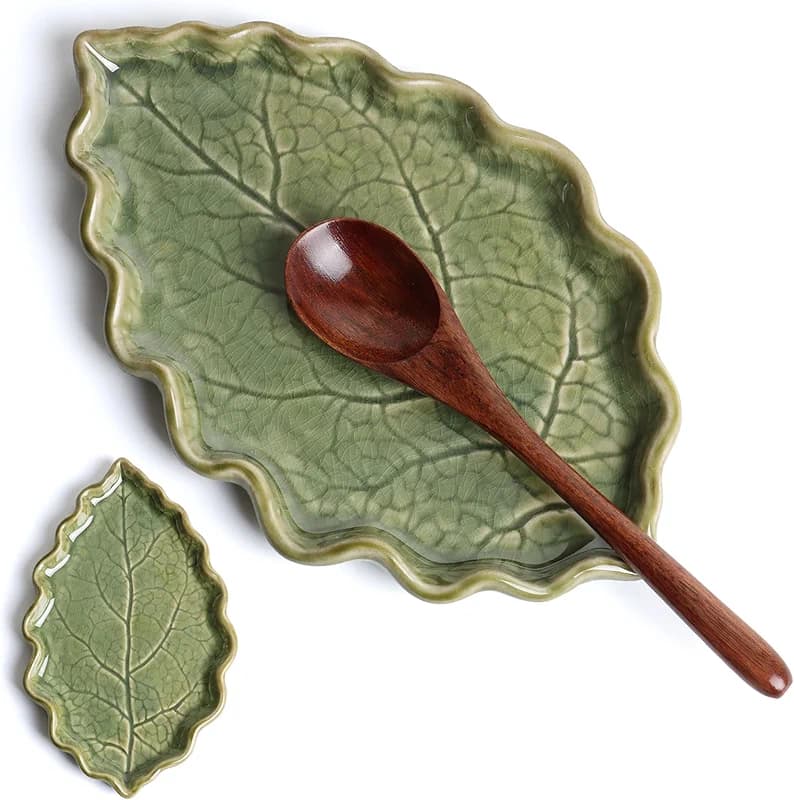 Ceramic Spoon Rest for Stove Top - Cute Green Leaf Shaped Spoon Rest/Spoon — image 3