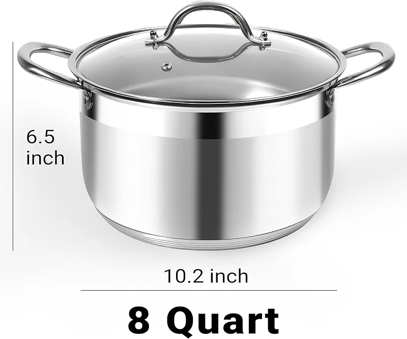 Kirecoo Stainless Steel Stock Pot - 8 Quart Heavy Duty Induction Cooking