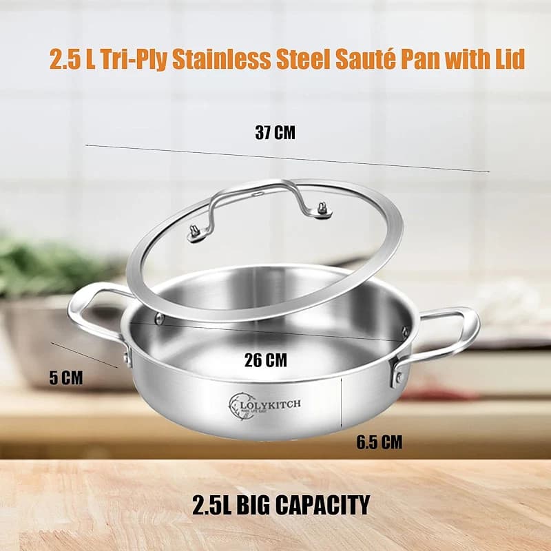 LOLYKITCH 3 Quarts Tri-Ply Stainless Steel Sauté Pan wih Lid — image 2