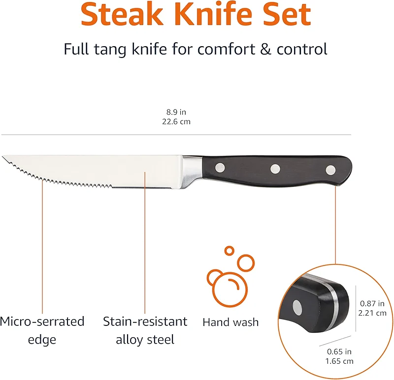 Amazon Basics 8-Piece Full Tang Stainless Steel Serrated Steak Knife Set
