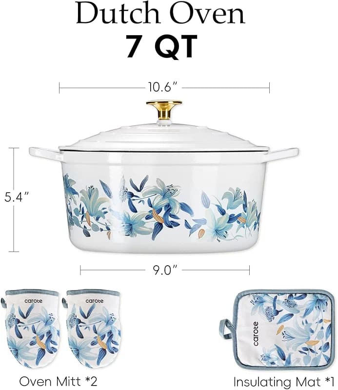 CAROTE 7 QT Enameled Floral Cast Iron Dutch Oven Pot with Lid