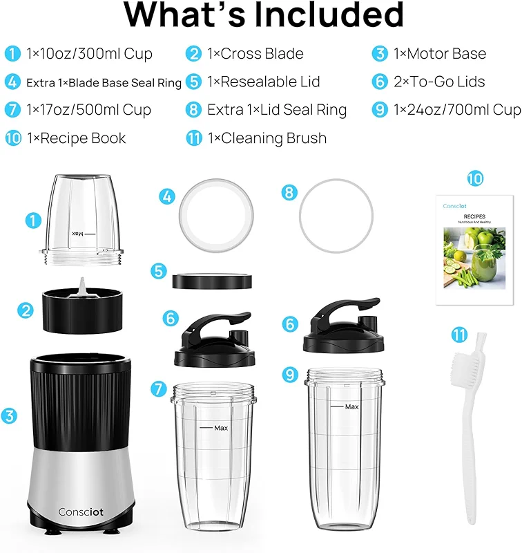 Consciot CB08 11-Piece Blender for Kitchen and Personal Size