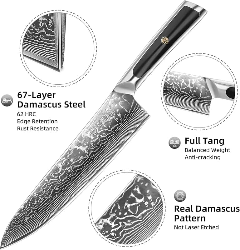 Sunnecko 8 Inch Japanese Damascus Chef Knife - Ultra Sharp 10-12 Degree
