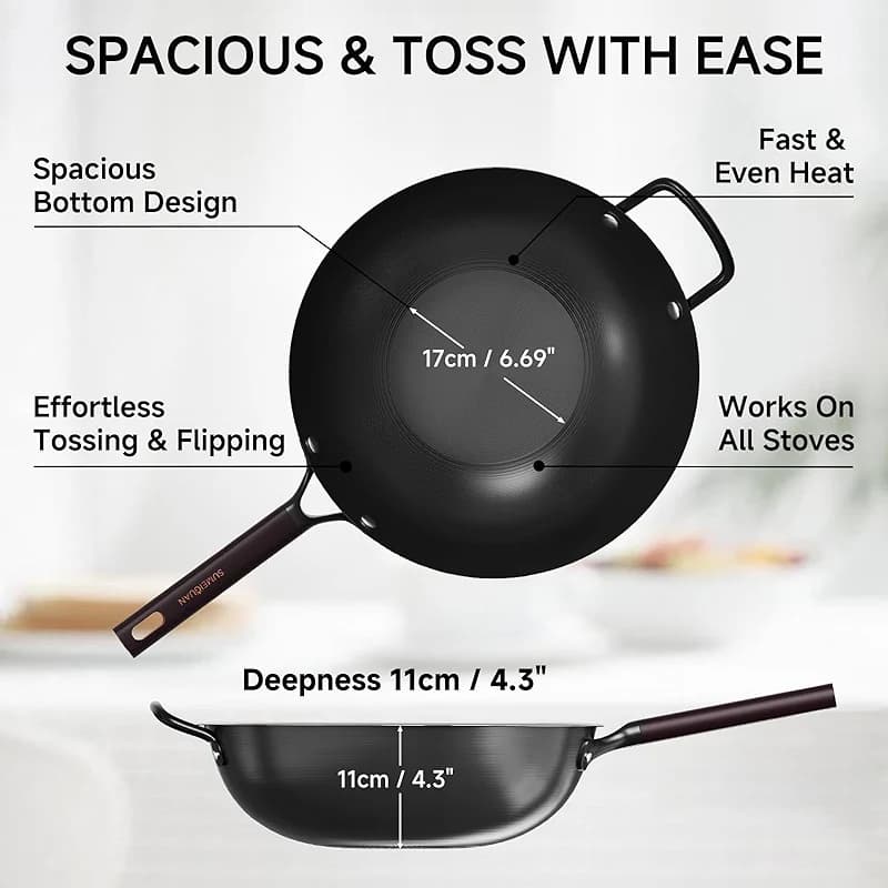 13.5" Carbon Steel Wok Pan - Pre-Seasoned Flat Bottom Woks & Stir-fry Pans — image 2