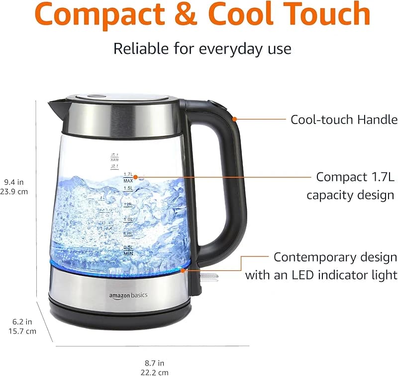 Amazon Basics Electric Kettle with Glass Carafe for Tea and Coffee