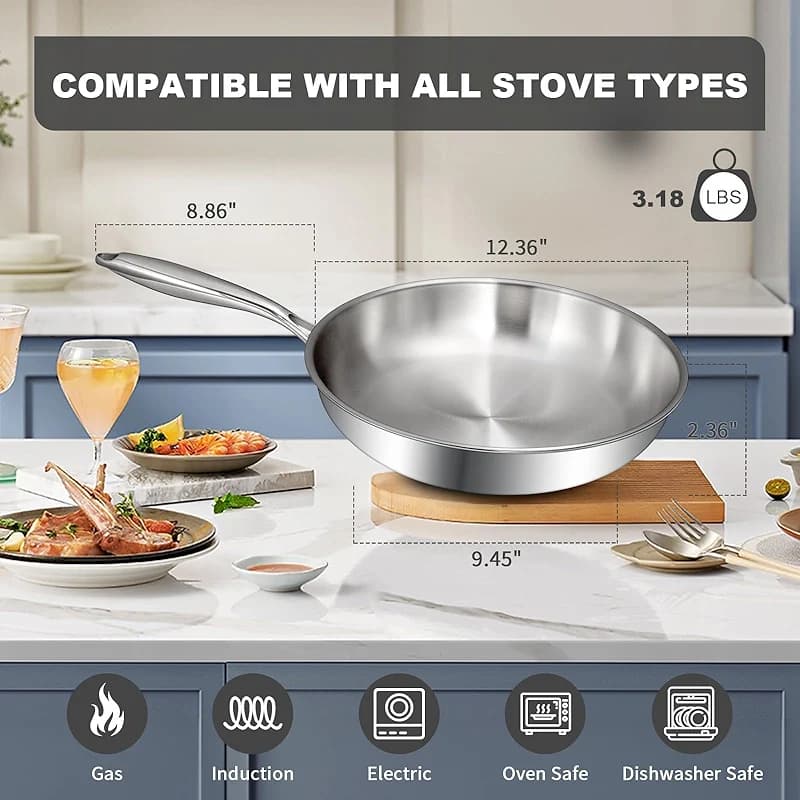 EWFEN 12 Inch Tri-Ply Stainless Steel Frying Pan — image 3