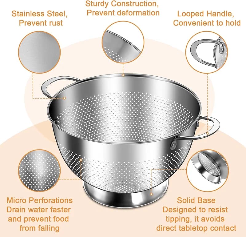 Stainless Steel Colander for Kitchen | 5 Quart Durable Rice and Pasta