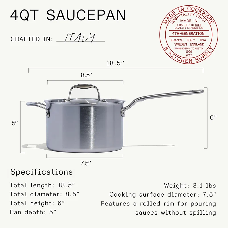 Made In Cookware | 4 Quart Stainless Steel Saucepan with Lid | 5 Ply