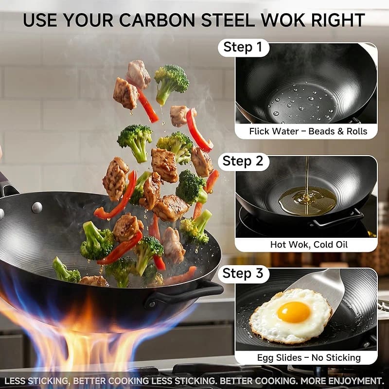 13.5" Carbon Steel Wok Pan - Pre-Seasoned Flat Bottom Woks & Stir-fry Pans — image 5