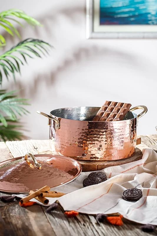 DEMMEX 1.2MM Thick Hammered Copper Soup Pot Stew Pan Casserole Dish — image 1