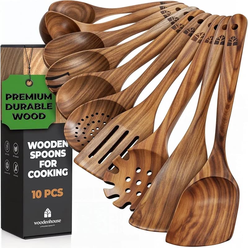 Wooden Spoons for Cooking – 10 Pcs Teak Wood Utensil Set — image 5