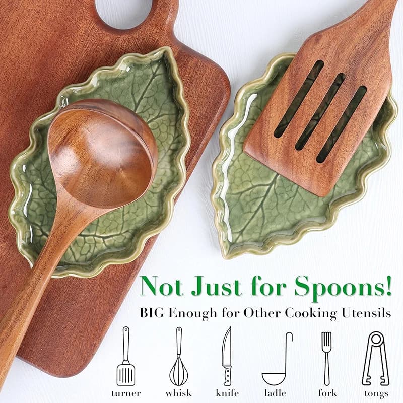 Ceramic Spoon Rest for Stove Top - Cute Green Leaf Shaped Spoon Rest/Spoon — image 4
