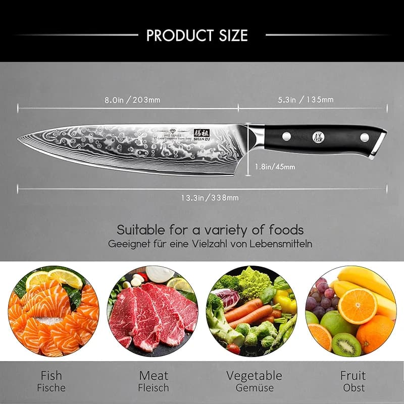 SHAN ZU Chef Knife 8 Inch Japanese Steel Damascus Kitchen Knife — image 4