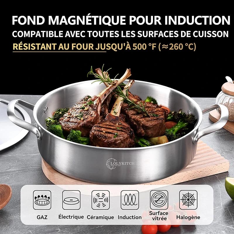 LOLYKITCH 3 Quarts Tri-Ply Stainless Steel Sauté Pan wih Lid — image 7