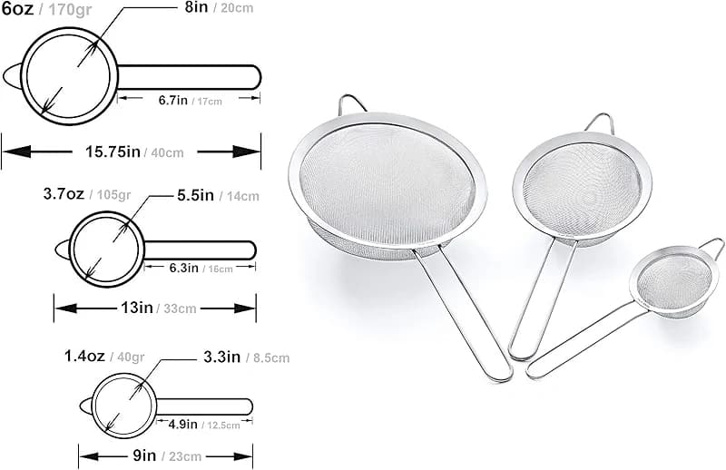 Strainer Set Fine Mesh – Premium 304 Stainless Steel (18/8) – 8″ — image 3