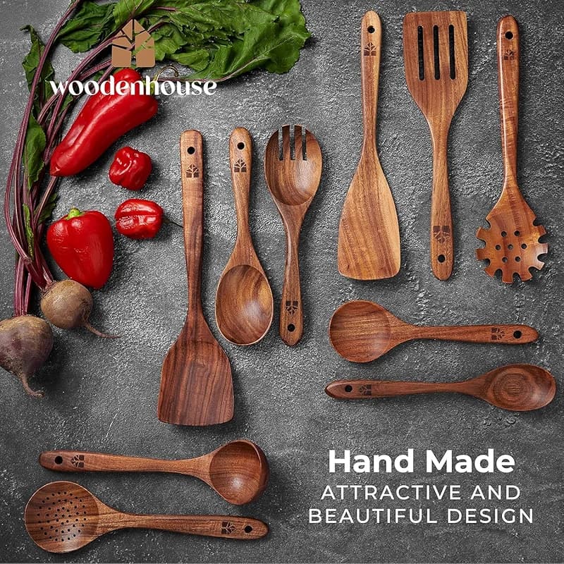 Wooden Spoons for Cooking – 10 Pcs Teak Wood Utensil Set — image 7