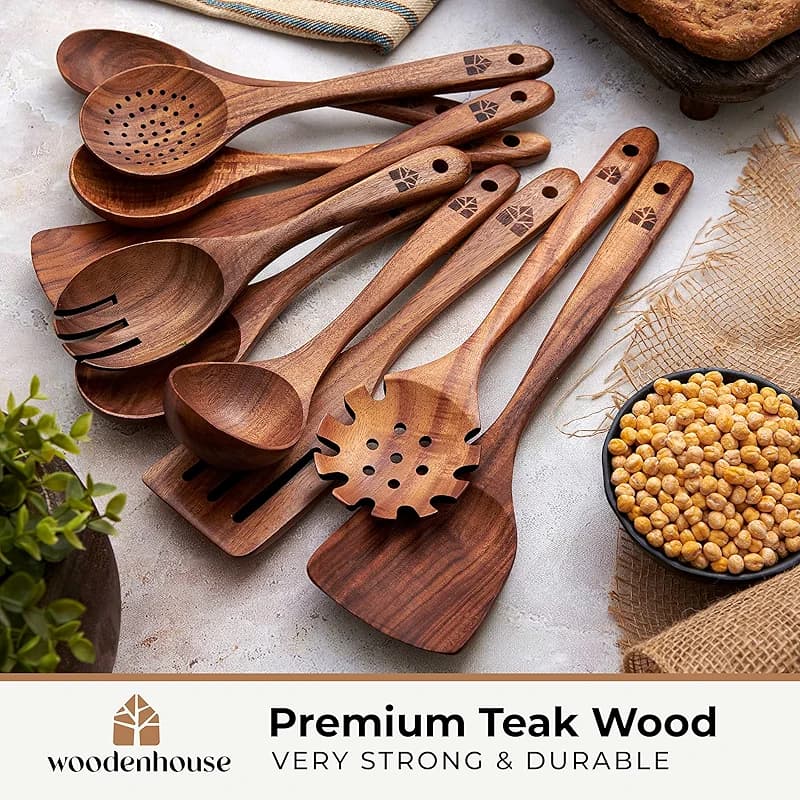 Wooden Spoons for Cooking – 10 Pcs Teak Wood Utensil Set — image 3