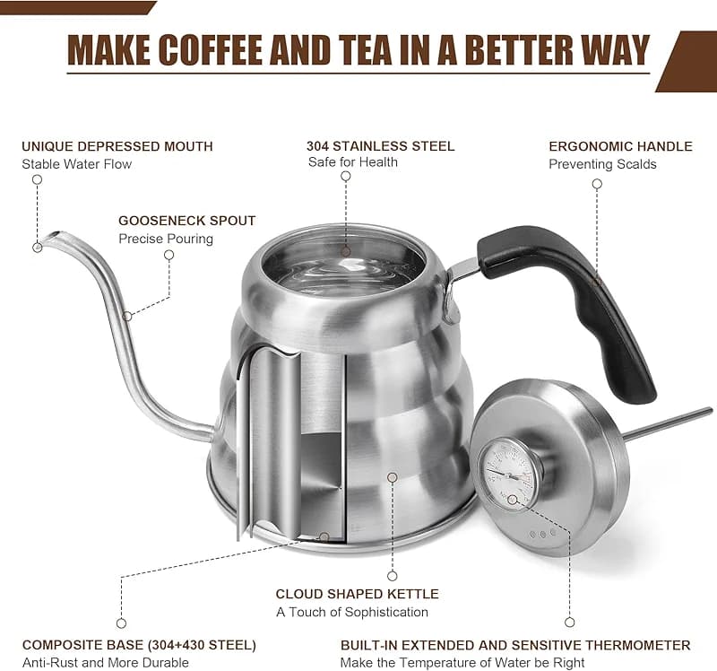 Gooseneck Kettle for Manual Drip Coffee & Tea 40oz Stainless Steel Pour
