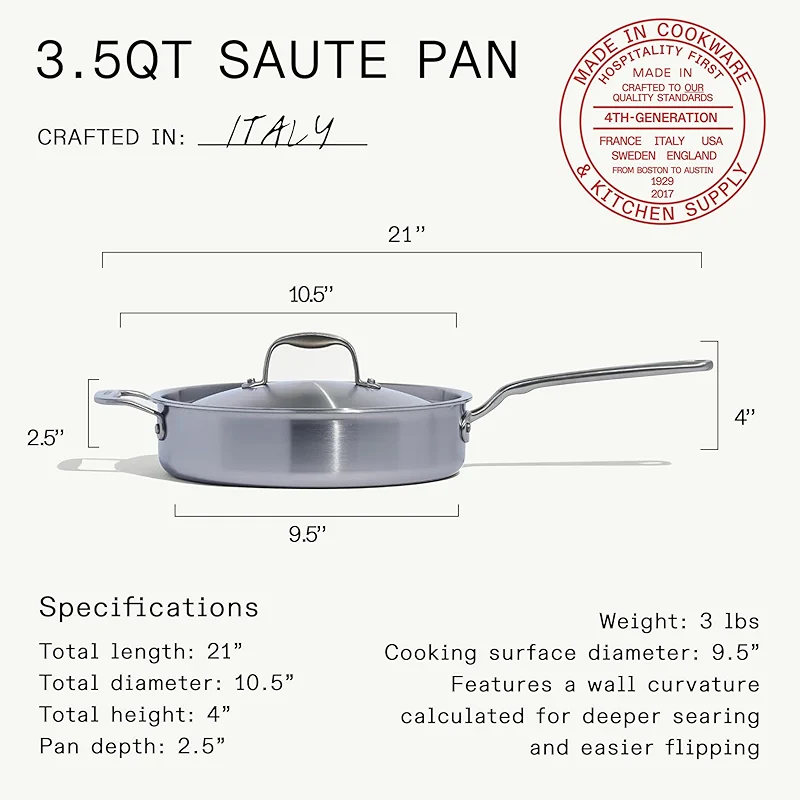 Made In Cookware | 3.5 Quart Stainless Steel Saute Pan | 5 Ply Stainless
