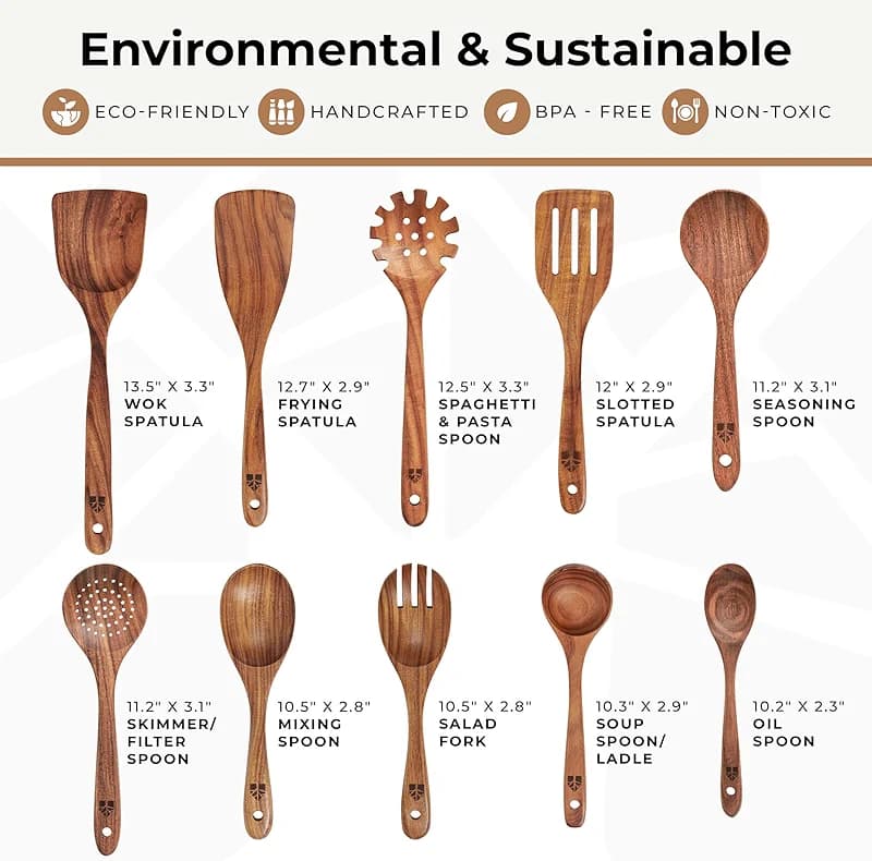 Wooden Spoons for Cooking – 10 Pcs Teak Wood Utensil Set